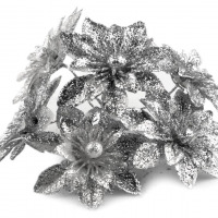 Vianočný kvet na drôtiku s flitrami Ø5,5 cm - Strieborná