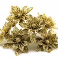 Vianočný kvet na drôtiku s flitrami Ø5,5 cm - Zlatá