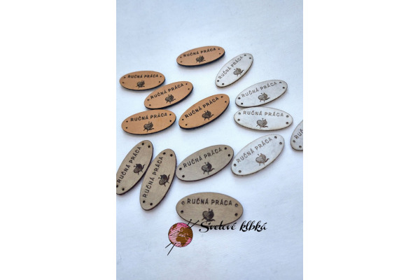 Handmade štítok - RUČNÁ PRÁCA - Ovál - s klbkom vlny