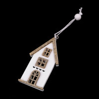 Drevený domček - s glitrami malý na zavesenie - Biela-zlatá