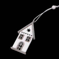 Drevený domček - s glitrami malý na zavesenie - Biela-strieborná